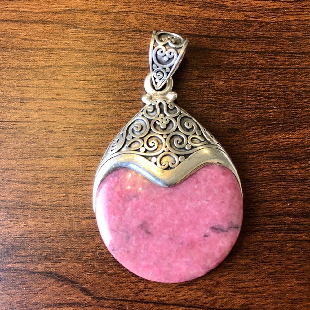 Large Pink Granite 925 Silver Pendant